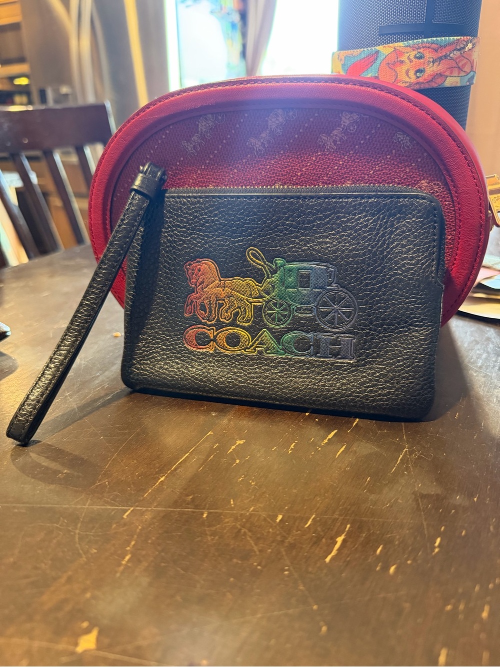 Coach Black Pebbled Leather Wristlet with Rainbow Logo